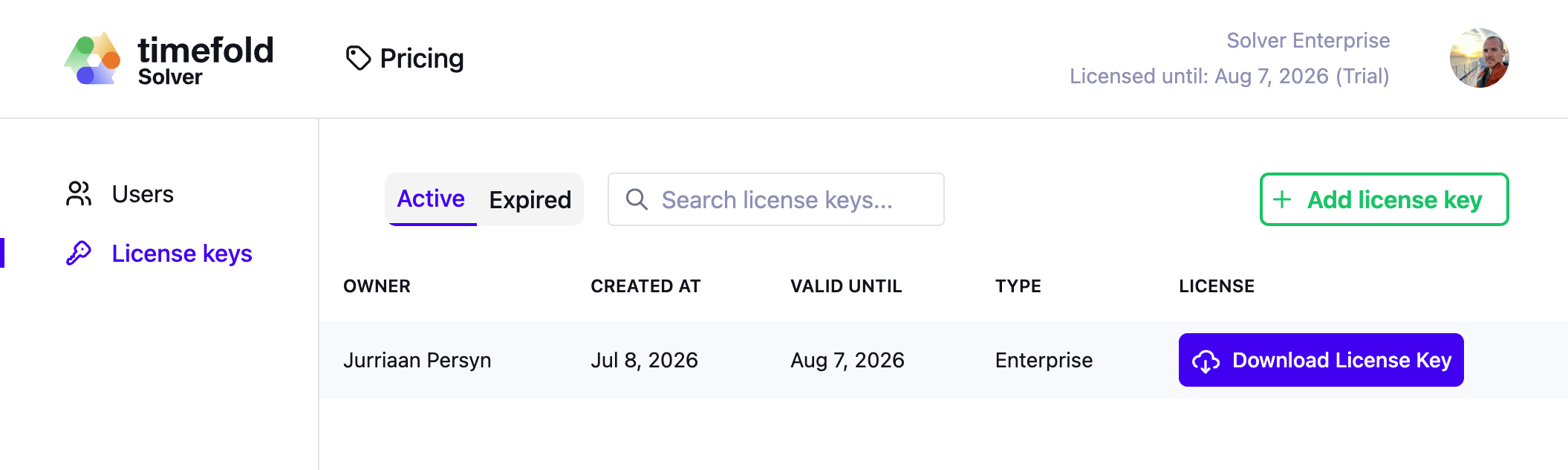 The Licenses list in the Timefold License Manager